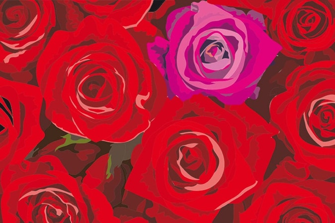 Ausschnitt digitaler Stoffdruck, Kraut-Rock-Design, Modell „Rote Rosen“ 